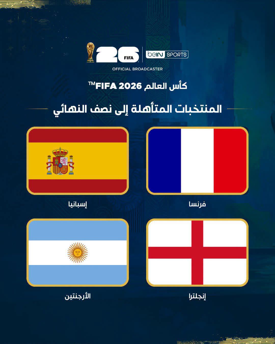 - المنتخبات المتأهلة للدور نصف النهائي من كأس العالم 2026.