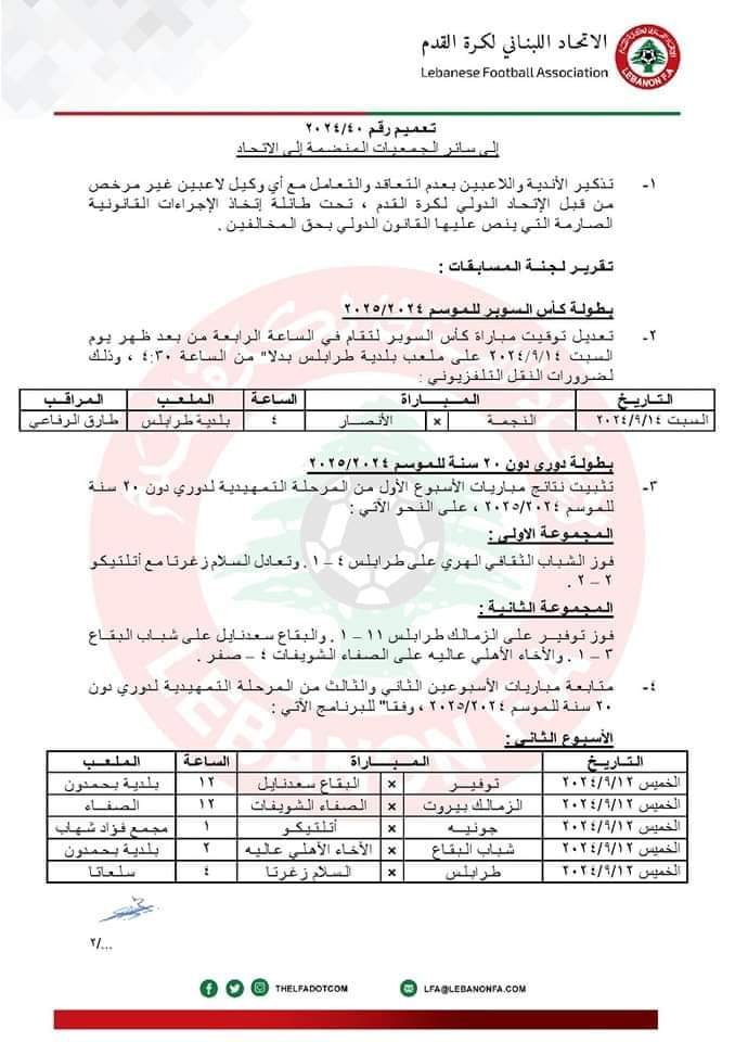 أصدر وزير الشباب والرياضة في حكومة تصريف الاعمال جورج كلاس، التعميم الرقم 7/1/2024