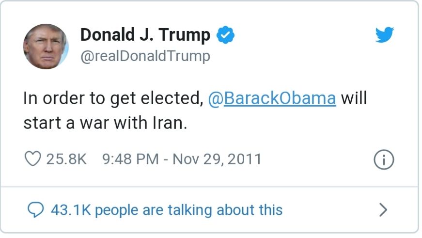 تغريدة لترامب عام 2012: لا تسمحوا لأوباما بمهاجمة إيران للفوز في الانتخابات Published time: 3 يناير, 2020